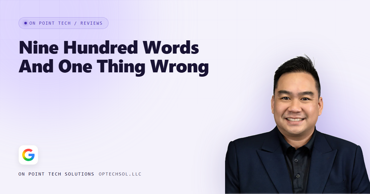 On Point Tech Review Cards article header with the headline Nine Hundred Words, Mostly Fair, And One Thing Wrong In Paragraph Six, about replying to a long review with one factual error