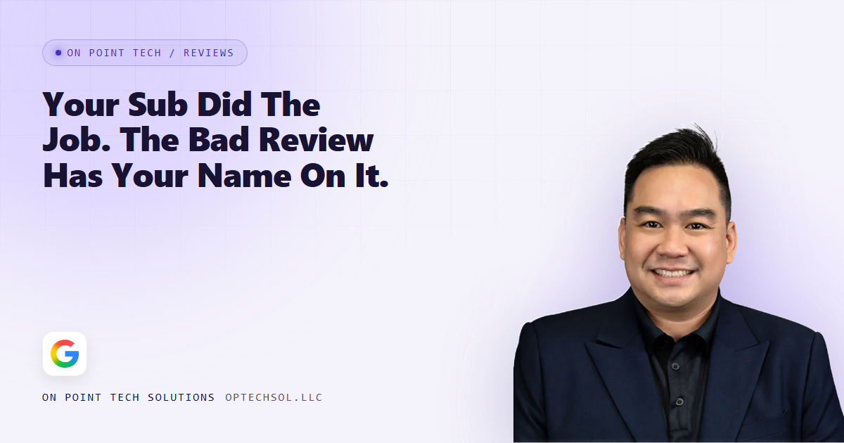 On Point Tech blog cover for a post about a bad review for work a subcontractor did