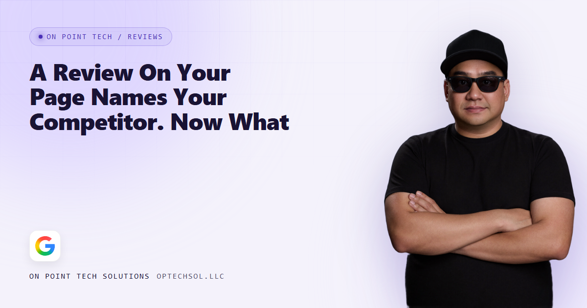 On Point Tech blog cover reading A Review On Your Page Names Your Competitor. Now What, with Michael wearing a black cap and sunglasses