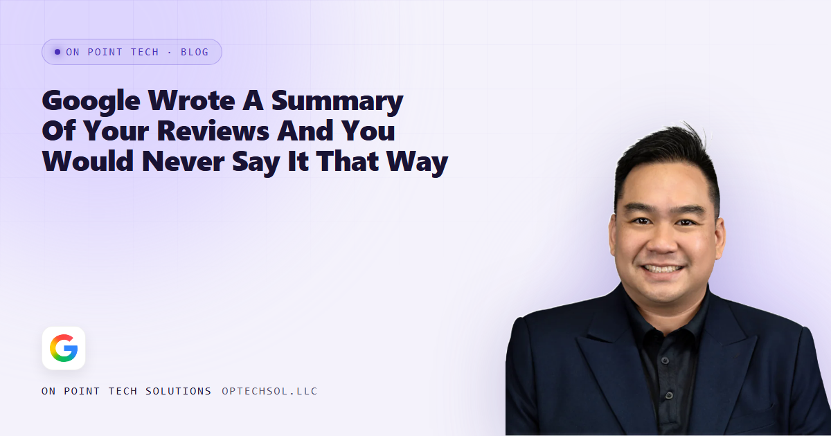 On Point Tech blog cover for a post about the review summary Google generates on your business profile