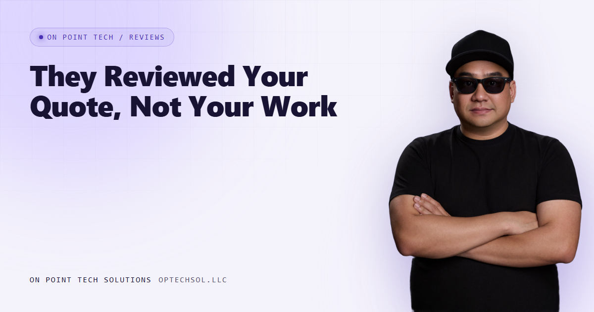 On Point Tech blog cover for a post about a Google review left by someone who only received a price quote