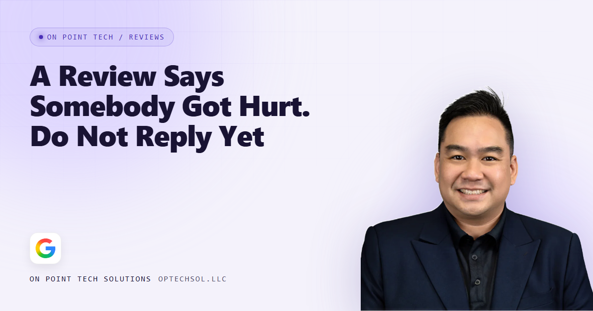 On Point Tech blog cover for a post about how to respond to a review that describes an injury