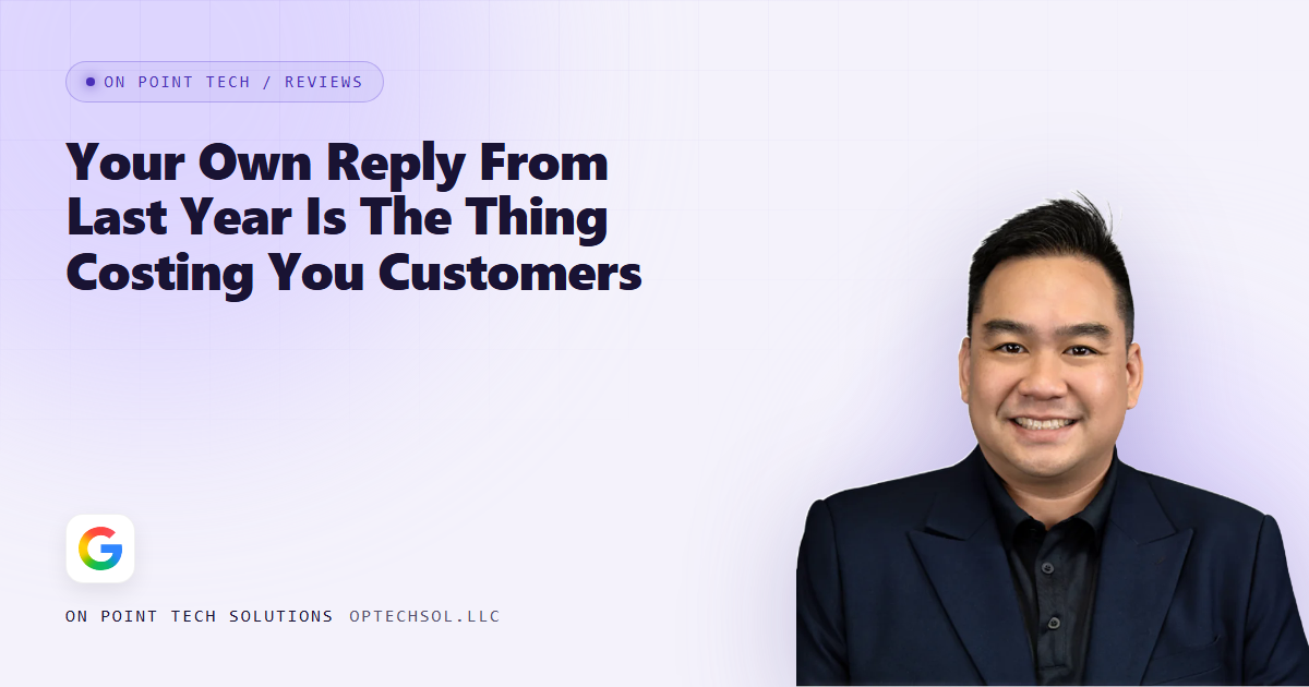On Point Tech blog cover for a post about an old angry reply to a review that still costs customers
