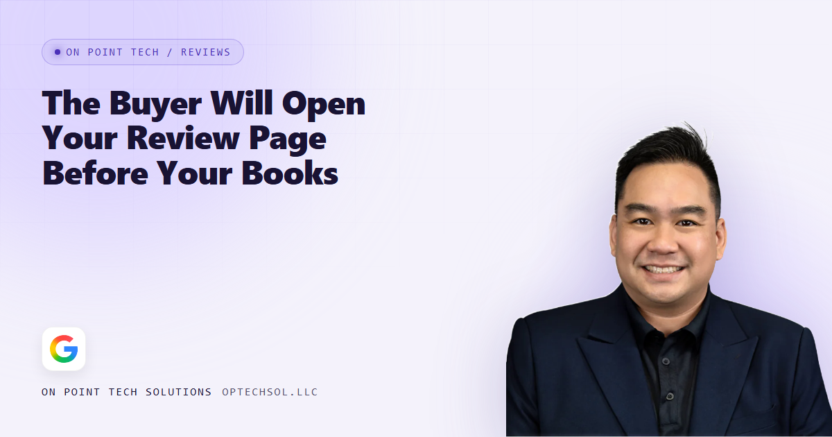 On Point Tech Review Cards article header with the headline The Buyer Will Open Your Review Page Before Your Books, about online reviews as an asset when selling a business