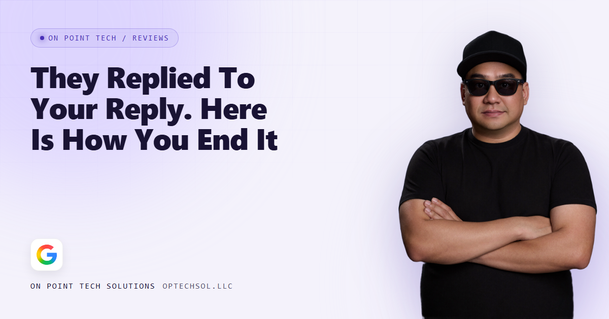 On Point Tech blog cover reading They Replied To Your Reply. Here Is How You End It, with Michael wearing a black cap and sunglasses