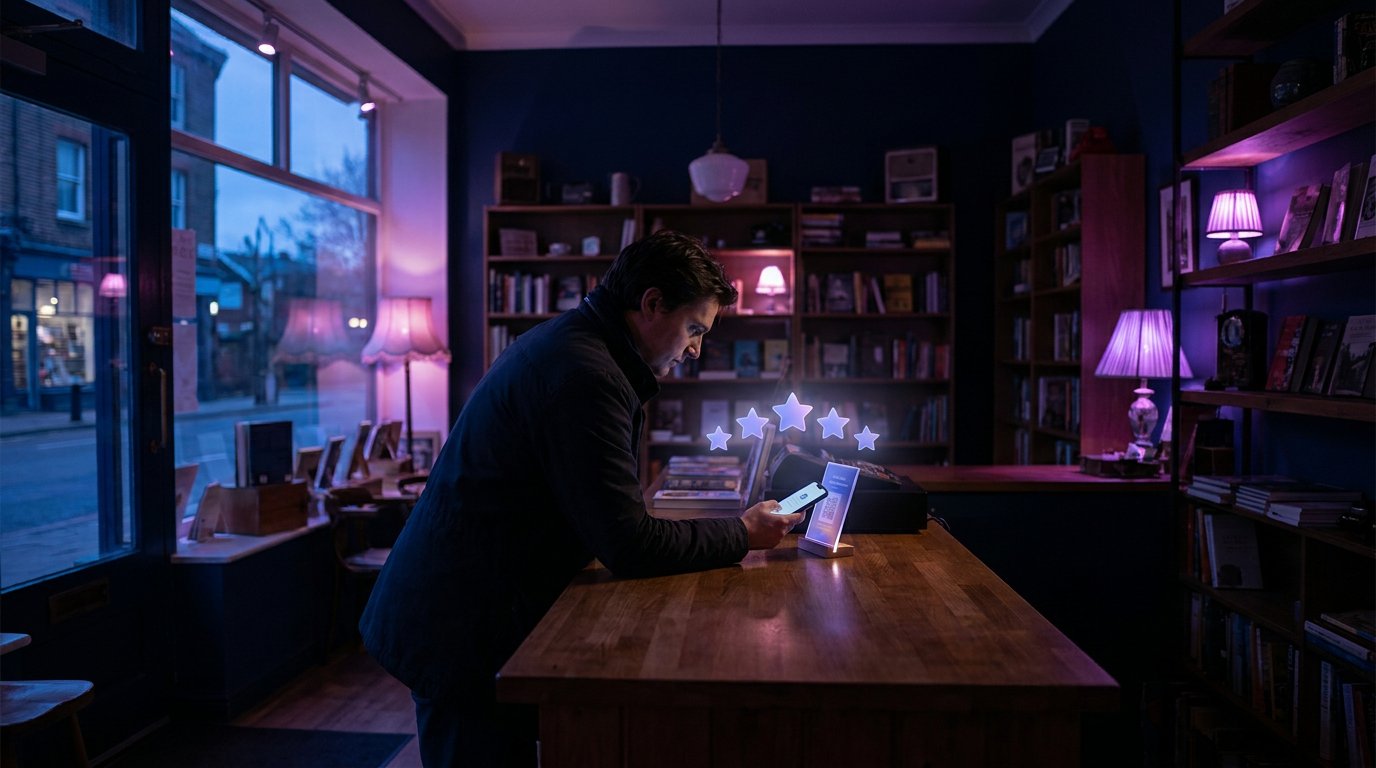Customer tapping a phone on a review card stand at a business counter
