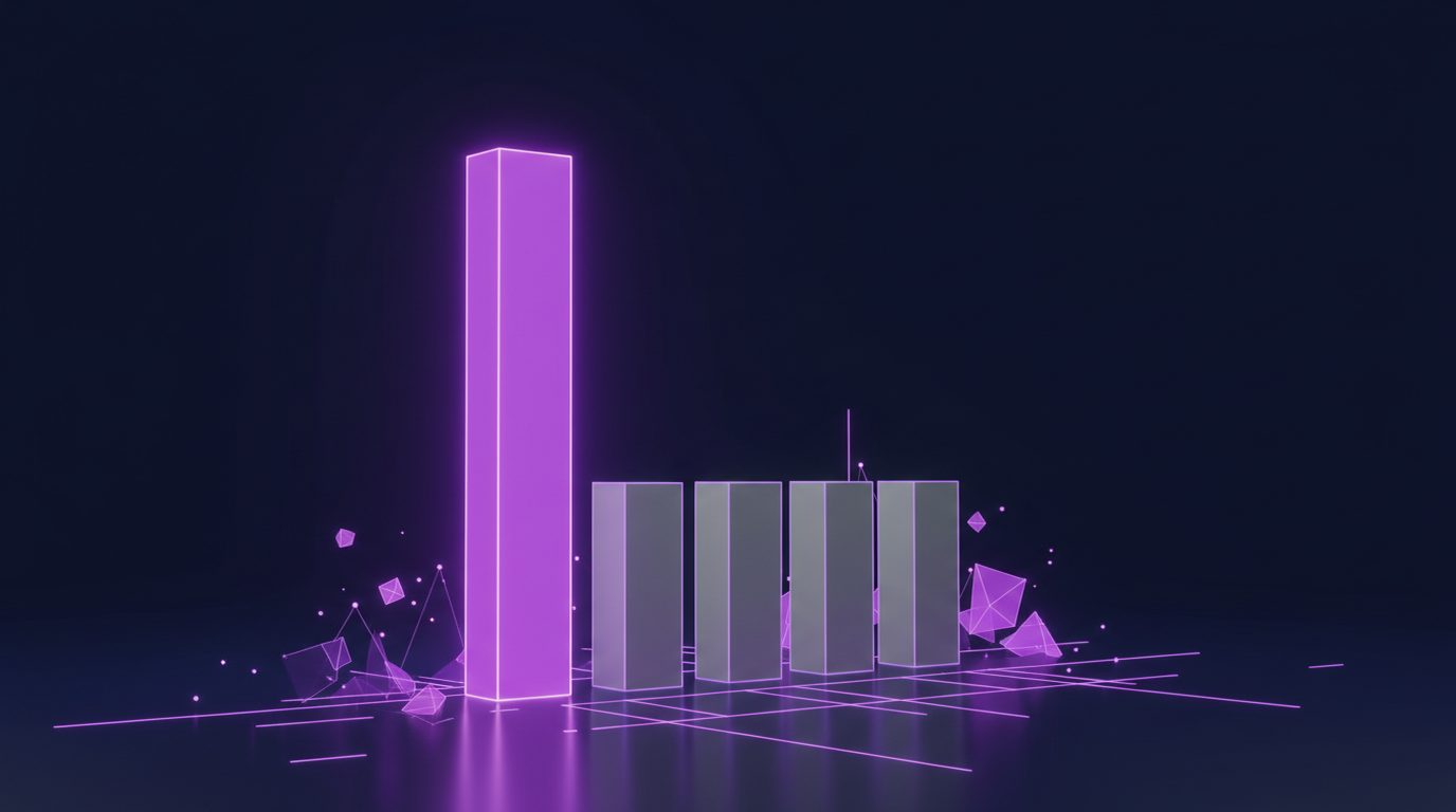 A tall glowing purple bar towering over shorter gray bars on a dark navy grid