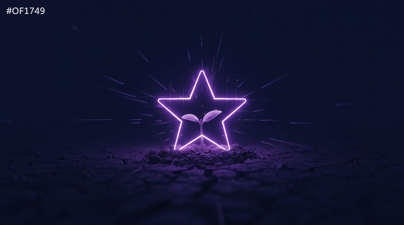 A glowing purple neon star outline with a small seedling sprouting inside it on cracked dark ground