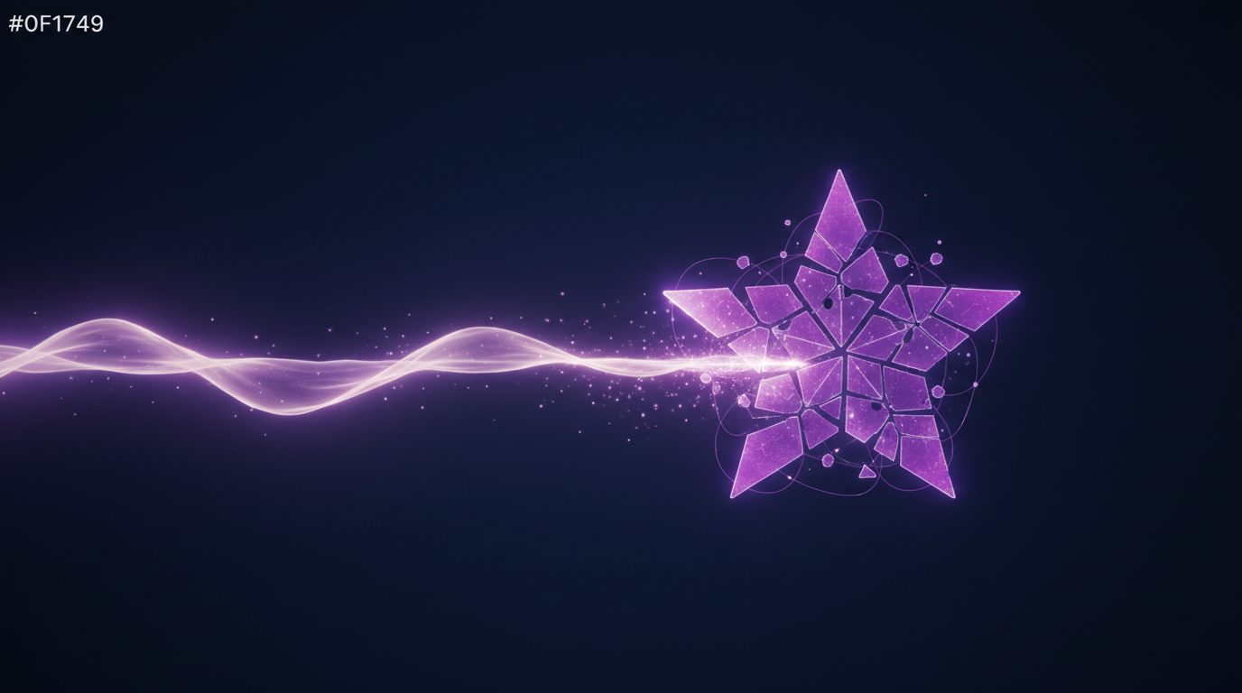 A smooth purple light wave meeting a shattered purple star on a dark navy background