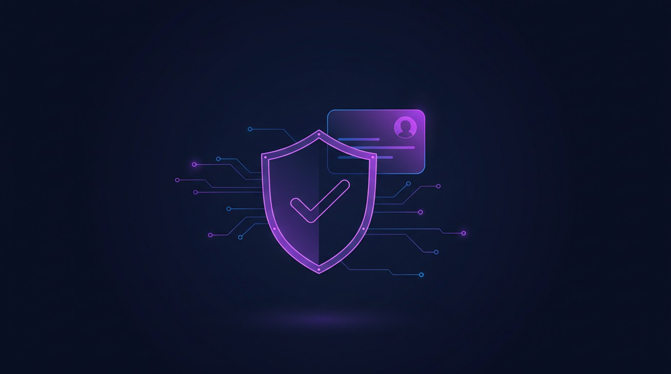 A glowing purple shield with a checkmark connected to circuit lines and a profile card on a dark navy background