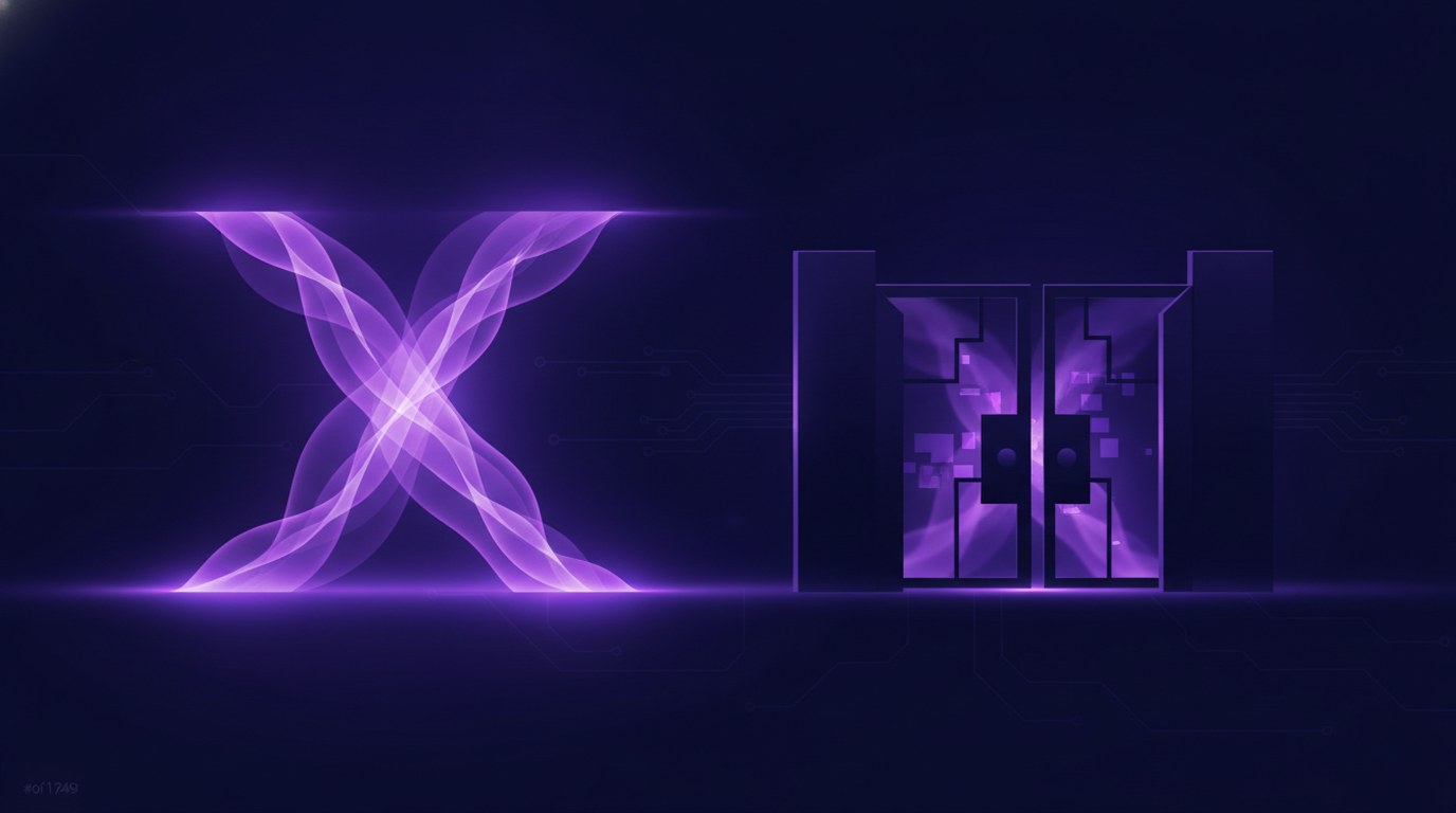 A glowing purple X of light beside a closed purple gate on a dark navy circuit background