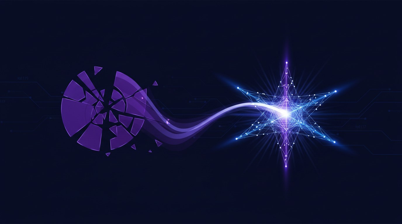 A shattered purple circle flowing into a bright glowing blue and purple star on a dark navy background