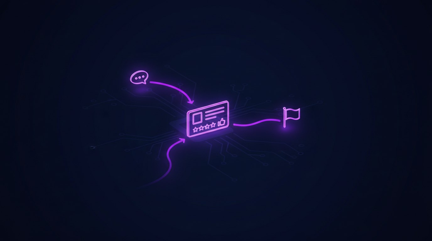A glowing purple review card connected to a speech bubble and a flag on a dark navy circuit background