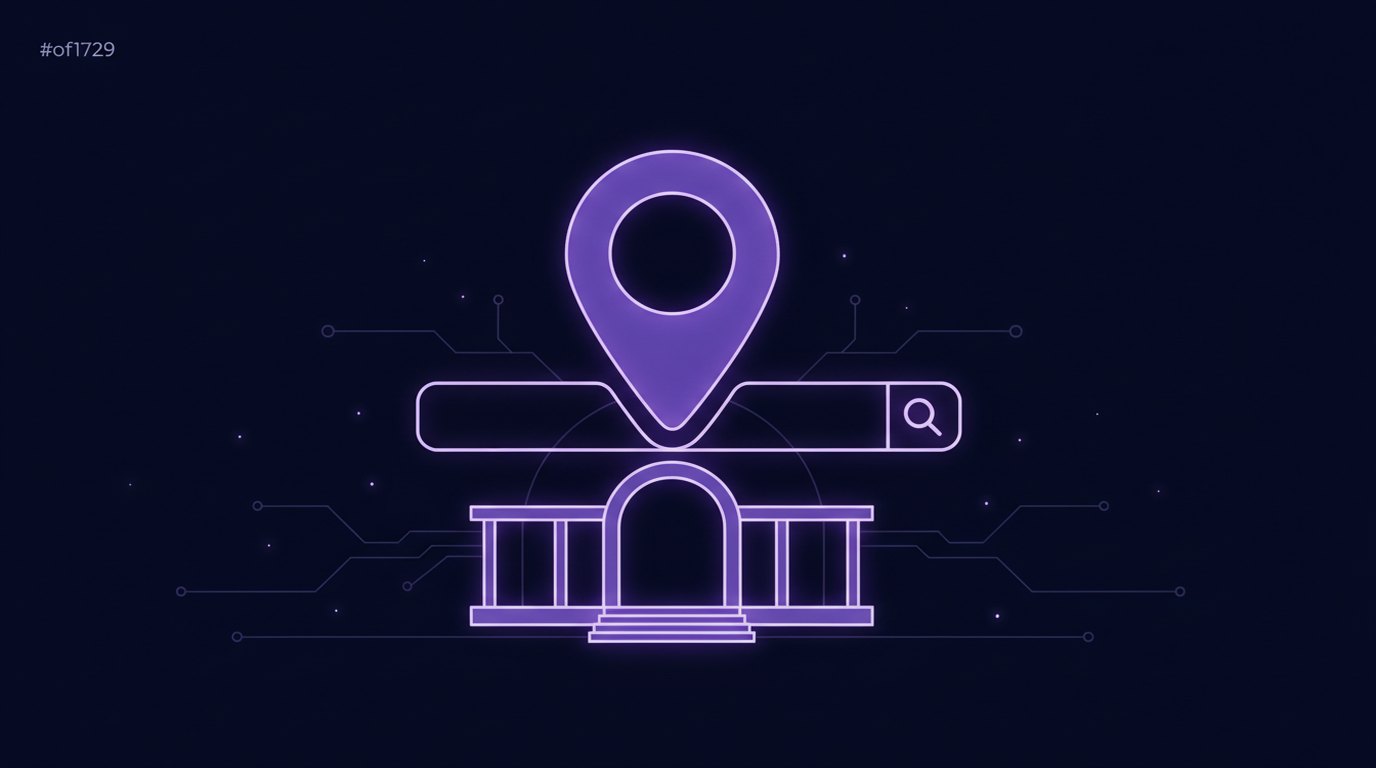 A glowing purple map pin above a search bar and a storefront outline on a dark navy circuit background
