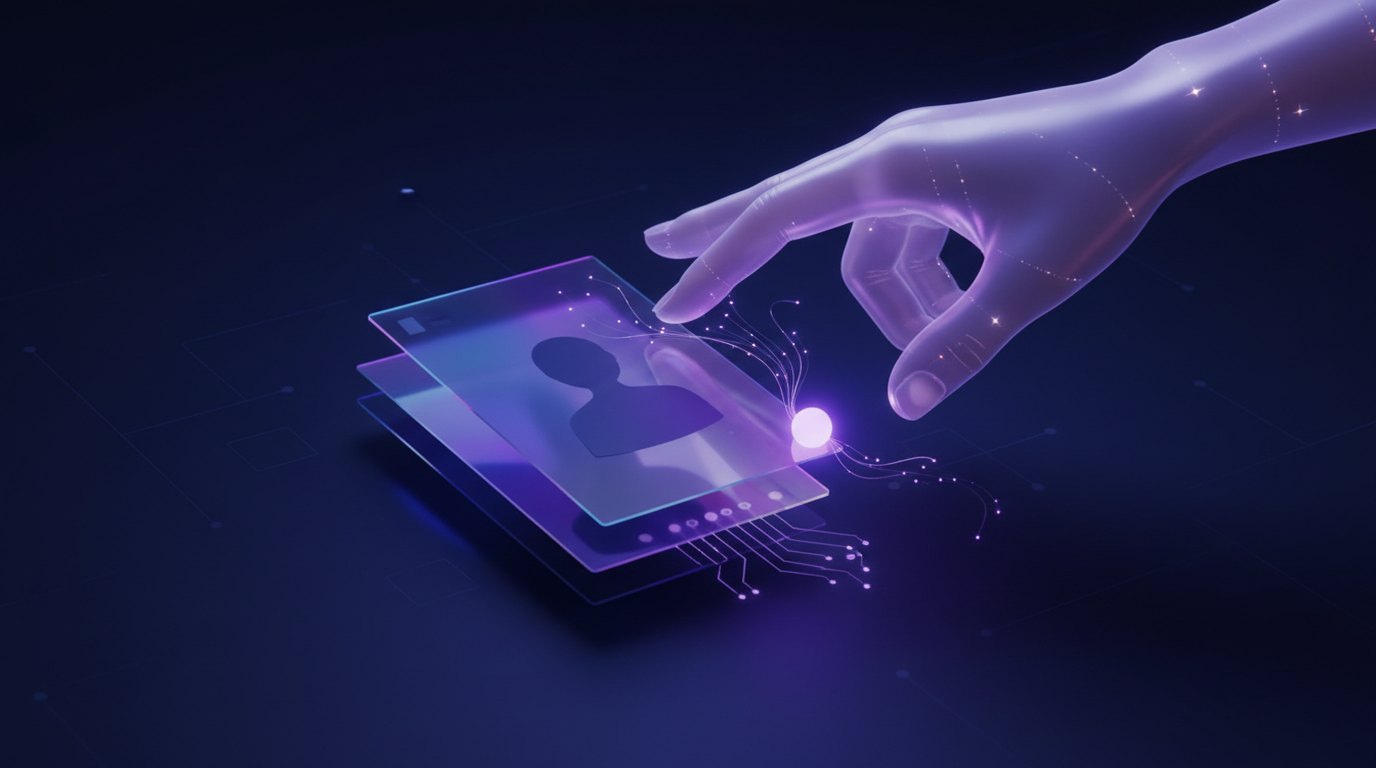 A translucent hand reaching toward a floating purple business profile card with glowing data lines