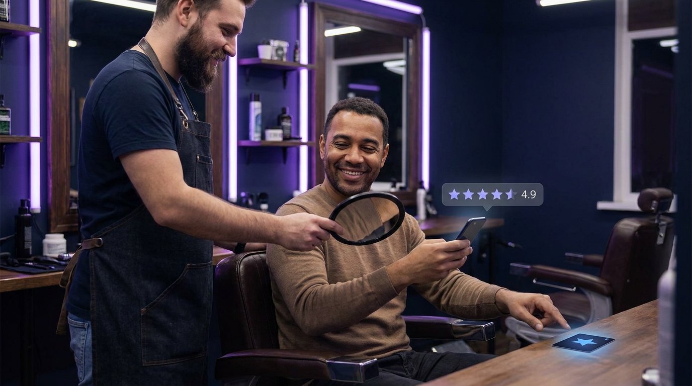 Barber showing a happy client the finished haircut while the client holds a phone