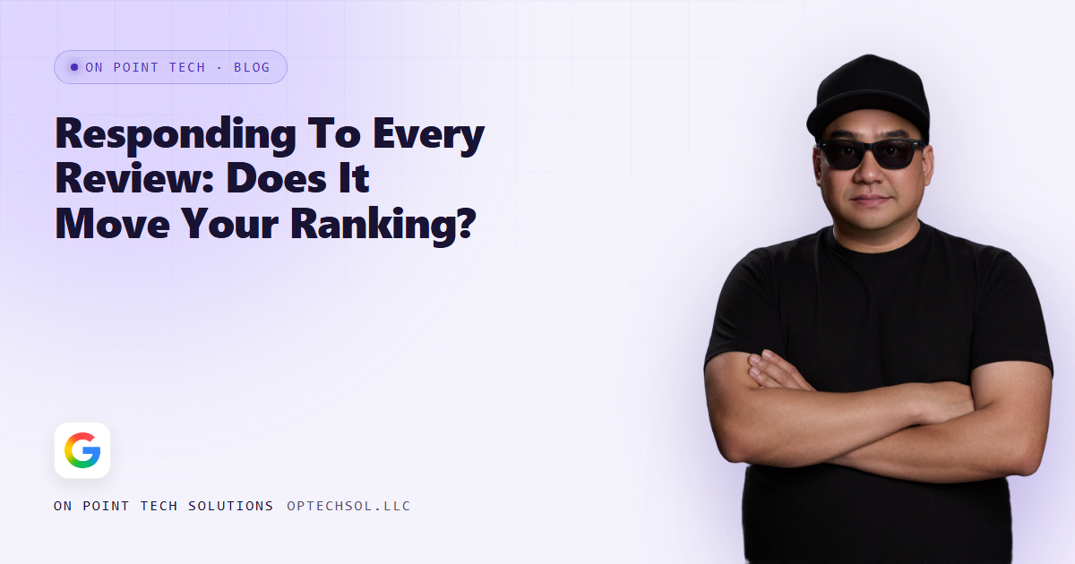 On Point Tech blog cover about responding to Google reviews, with Michael in a black tee and cap on a light purple background