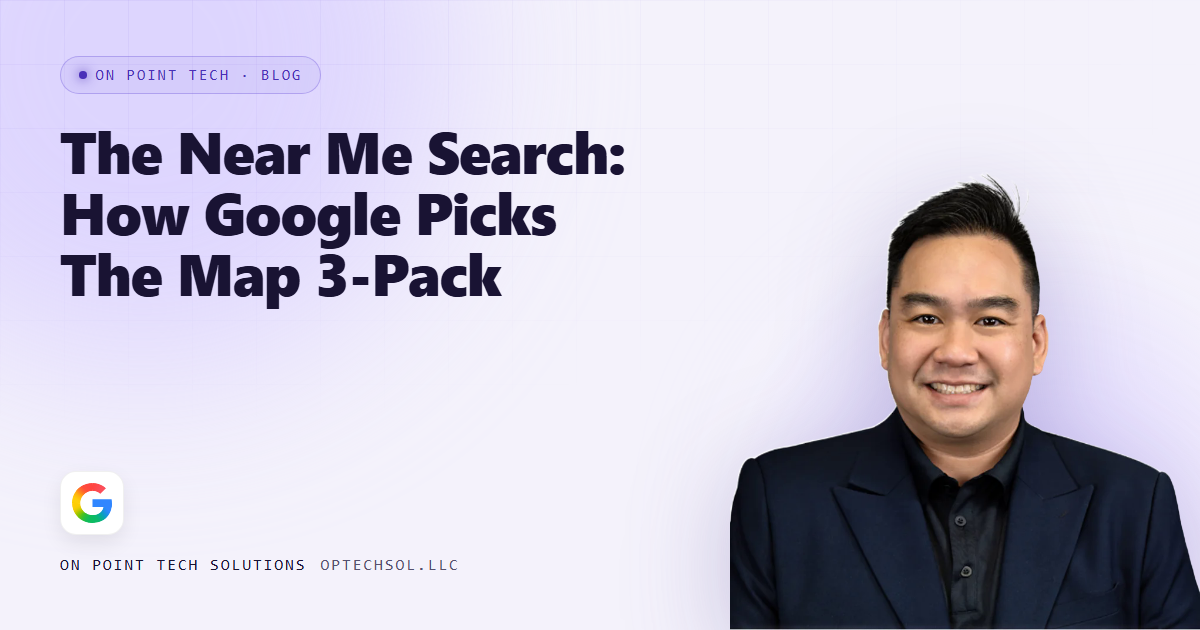 On Point Tech blog cover about the Google map 3-pack, with Michael in a dark suit on a light purple background