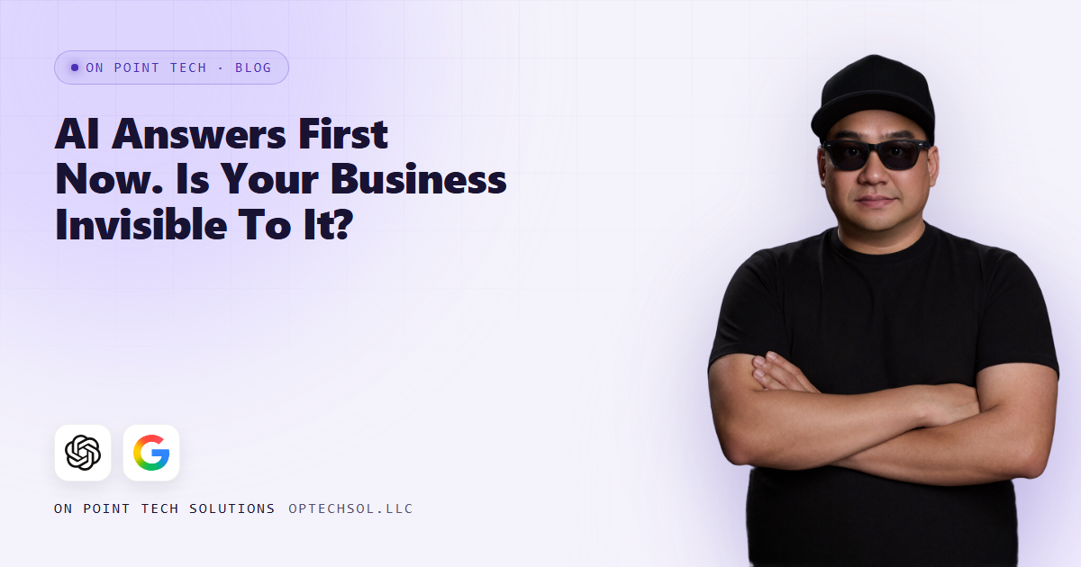 On Point Tech blog cover asking if your business is invisible to AI answers, with Michael in a black cap on a light purple background