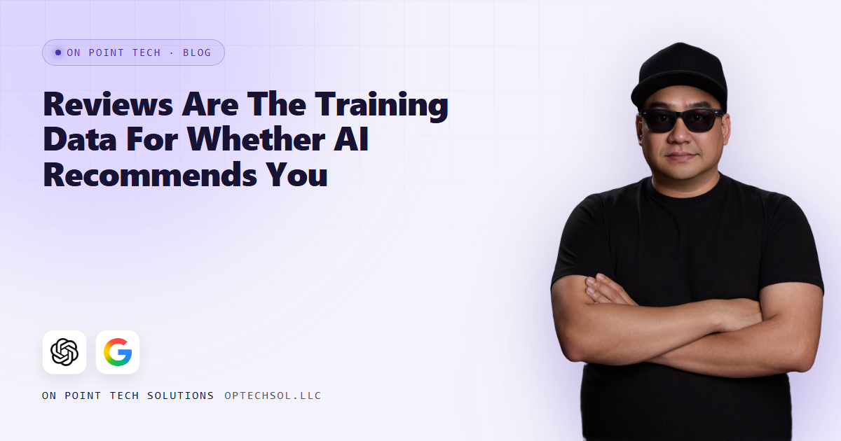 On Point Tech blog cover about reviews as training data for AI recommendations, with Michael in a black cap on a light purple background
