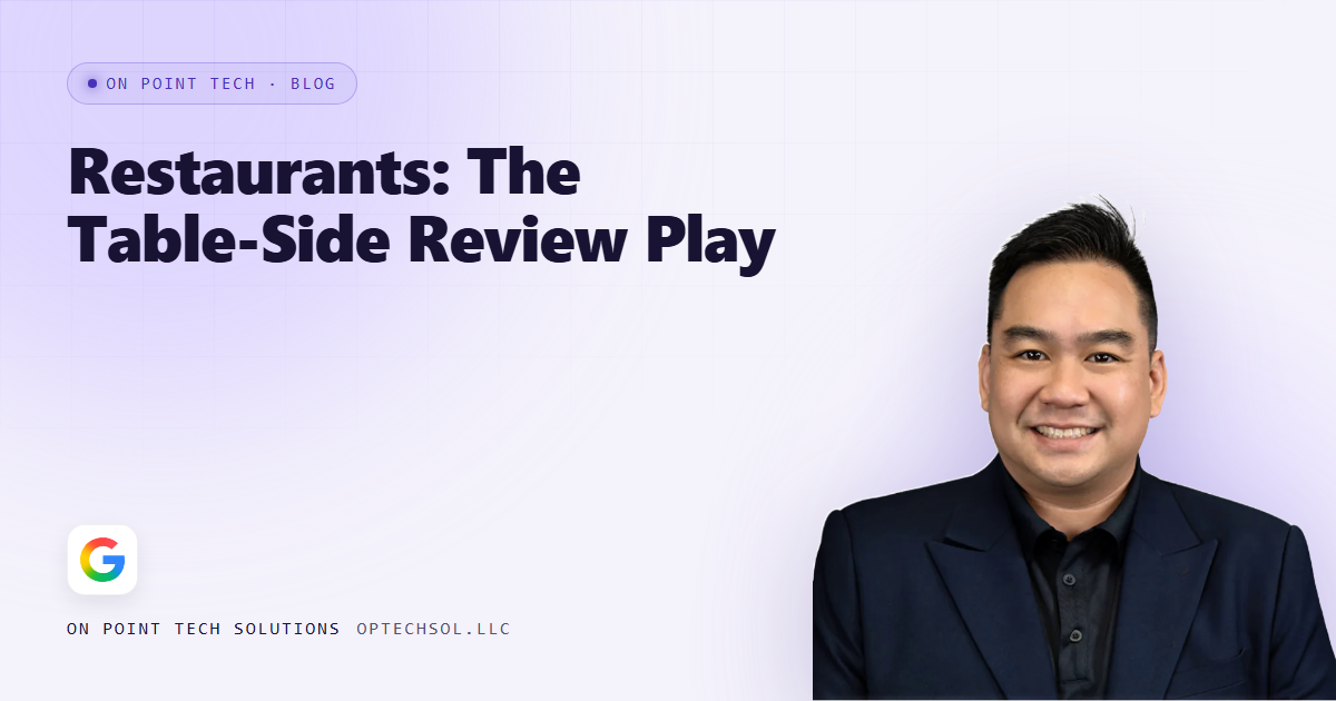 On Point Tech blog cover about the table-side review play for restaurants, with Michael in a navy suit on a light purple background