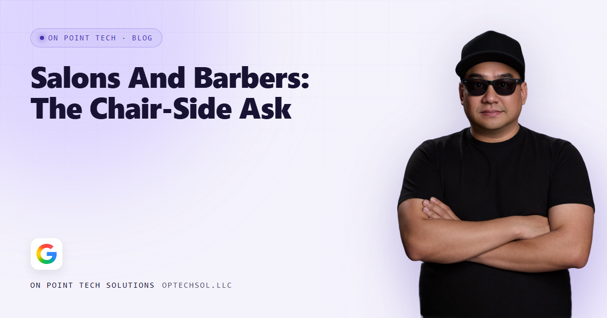 On Point Tech blog cover about the chair-side review ask for salons and barbers, with Michael in a black cap and sunglasses on a light purple background