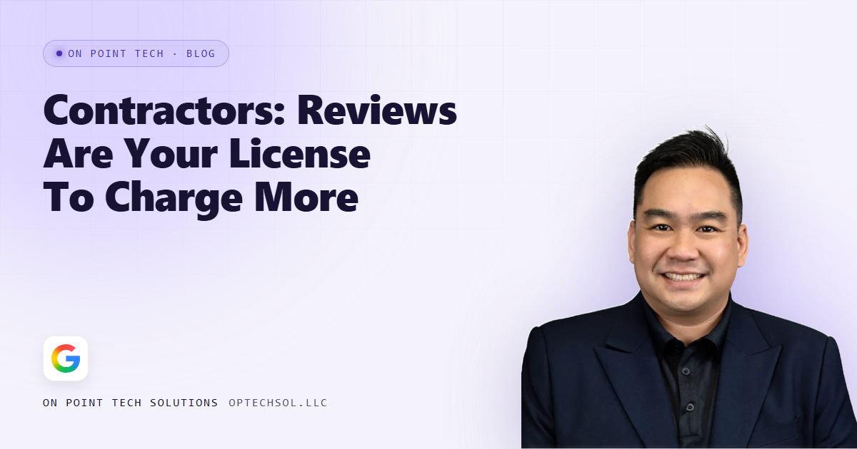 On Point Tech blog cover about contractor reviews as a license to charge more, with Michael in a navy suit on a light purple background