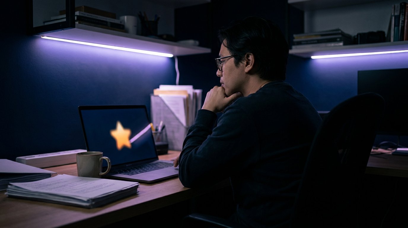 Business owner calmly reading a review on a laptop in a dark office