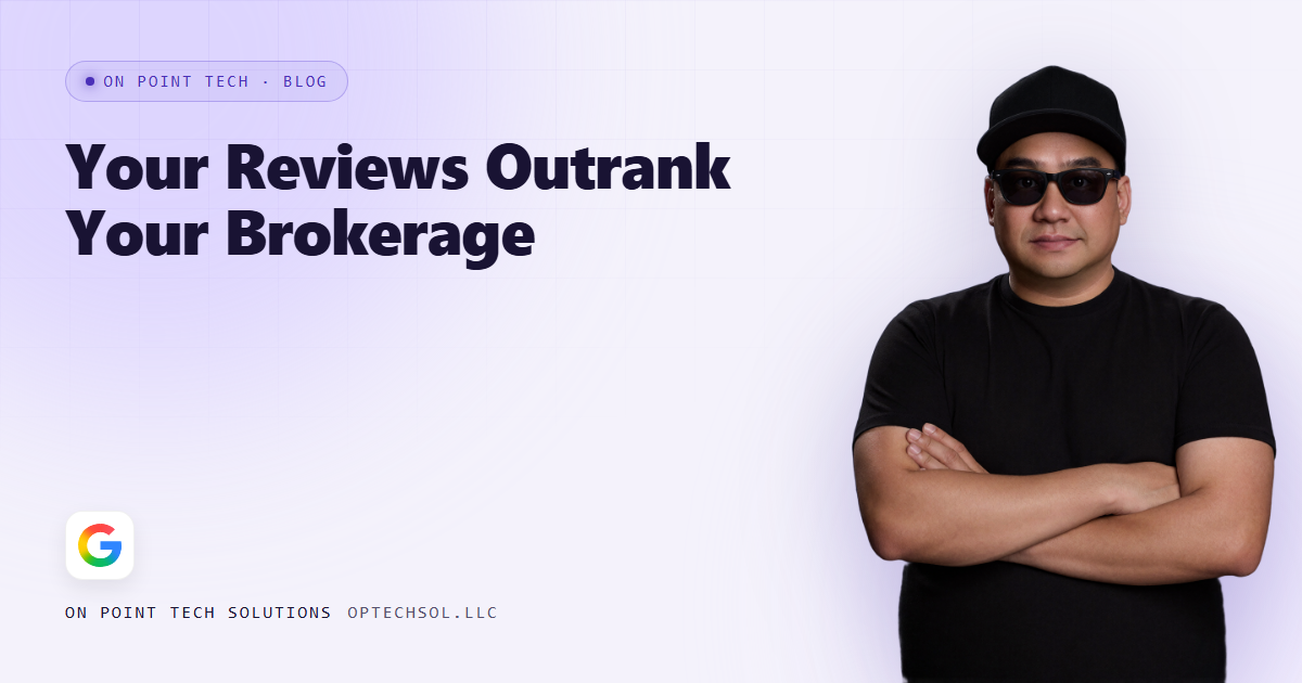 On Point Tech blog cover about real estate agent Google reviews outranking the brokerage, with Michael in a black cap and sunglasses on a light purple background