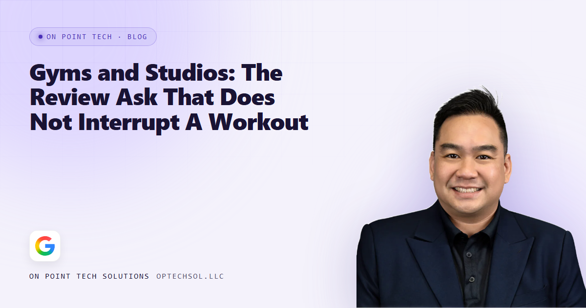 On Point Tech blog cover about gym Google reviews and asking without interrupting a workout, with Michael in a navy suit on a light purple background