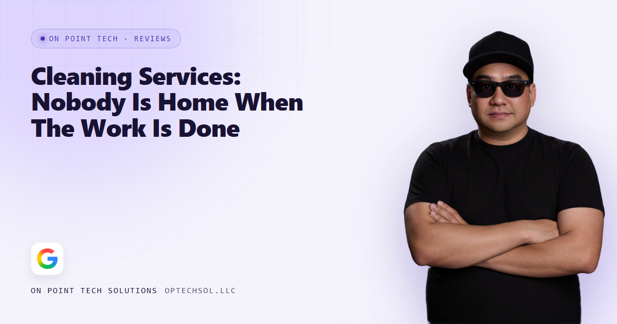 On Point Tech blog cover about cleaning service Google reviews, with Michael in a black cap and sunglasses on a light purple background