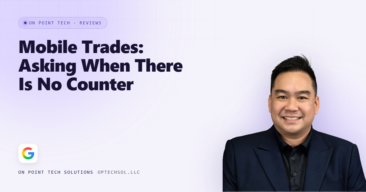 On Point Tech blog cover about mobile business Google reviews, with Michael in a navy suit on a light purple background