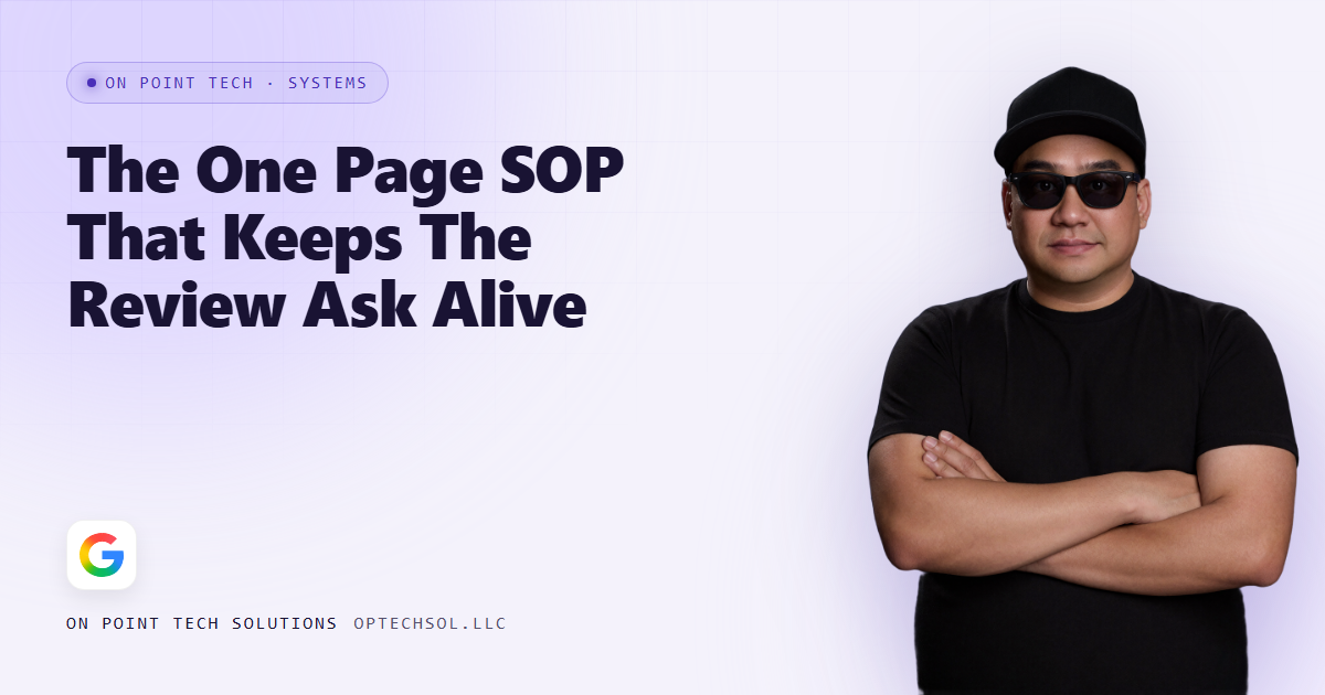 On Point Tech blog cover about a one page review request SOP for small business, with Michael in a black cap and sunglasses on a light purple background