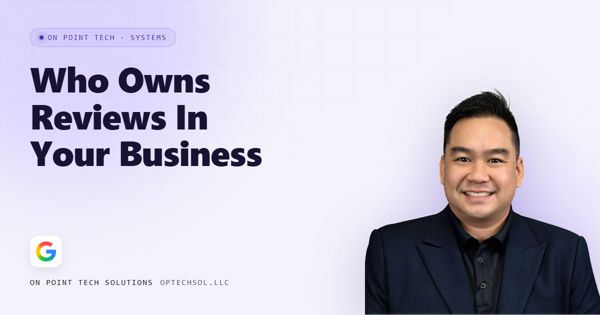 On Point Tech blog cover about who should manage business reviews, with Michael in a navy suit on a light purple background