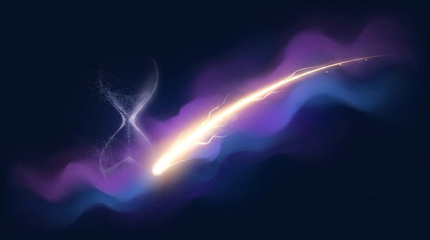A streak of golden light arcing through purple and blue haze past a dissolving hourglass