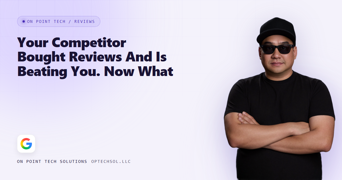 On Point Tech blog cover about a competitor who bought reviews and is beating you, with Michael in a black cap and sunglasses on a light purple background