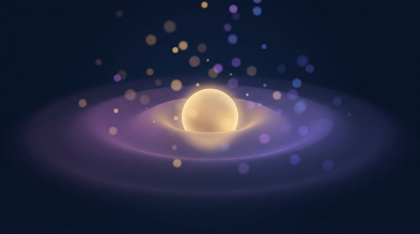A warm glowing orb at the center of a soft purple ring of drifting light particles on a dark navy background
