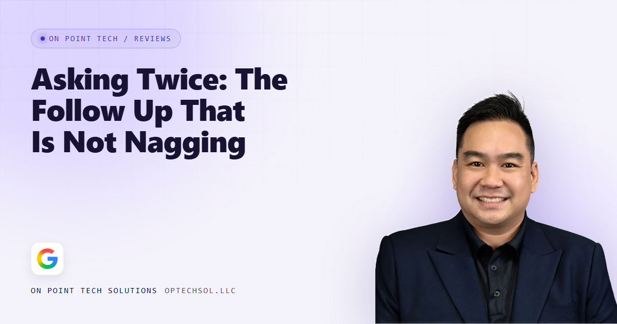 On Point Tech blog cover about the review follow up that is not nagging, with Michael in a dark suit on a light purple background