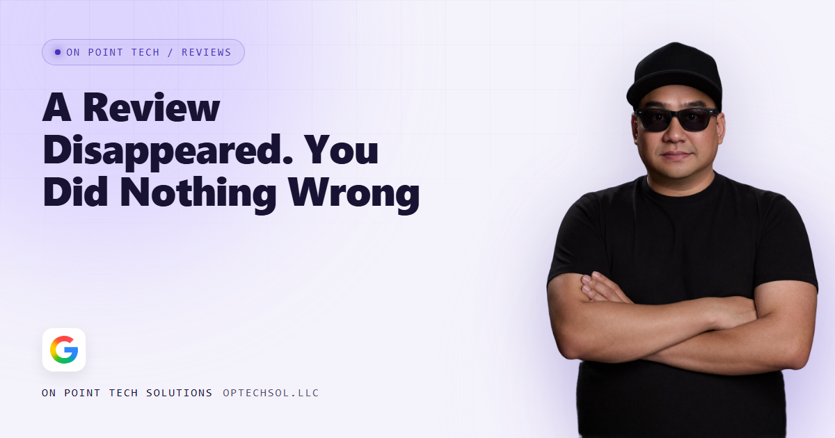 On Point Tech blog cover about a Google review disappearing, with Michael in sunglasses and a black cap on a light purple background