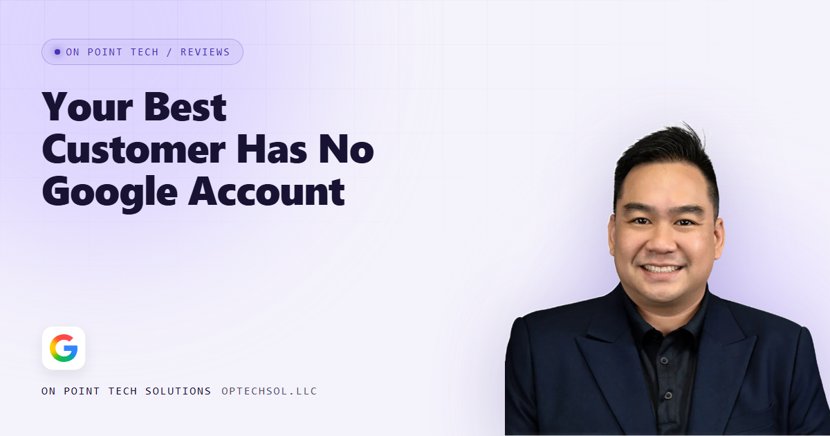 On Point Tech blog cover about a customer with no Google account, with Michael in a navy suit on a light purple background