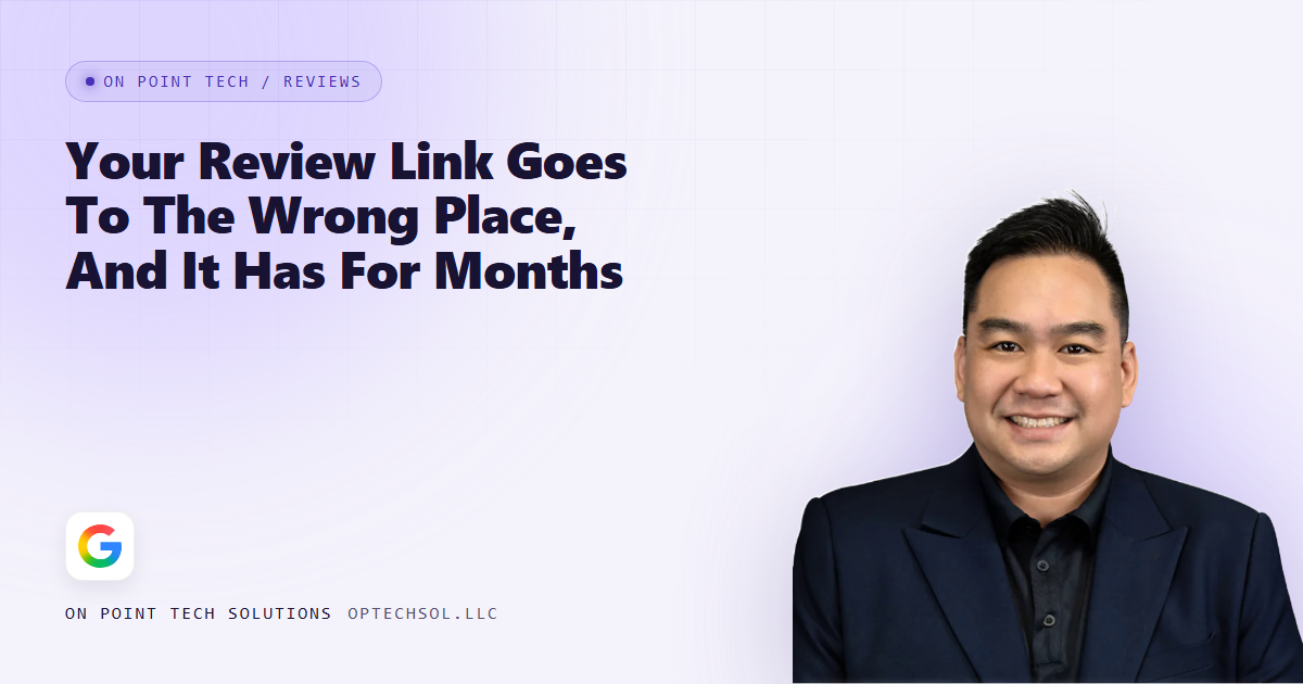 On Point Tech blog cover about a review link going to the wrong place for months, with Michael in a navy suit on a light purple background