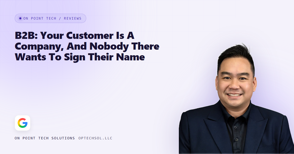 On Point Tech blog cover about B2B customers not wanting to sign their name to a review, with Michael in a navy suit on a light purple background