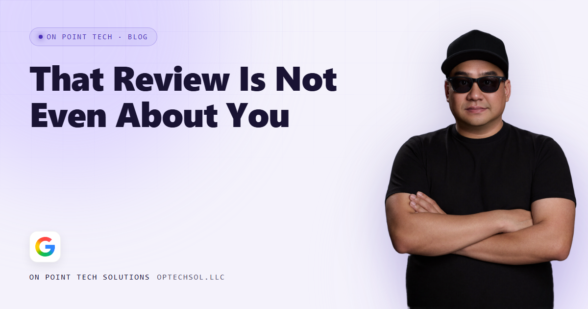 On Point Tech blog cover about reviews meant for another business, with Michael in sunglasses and a black cap on a light purple background