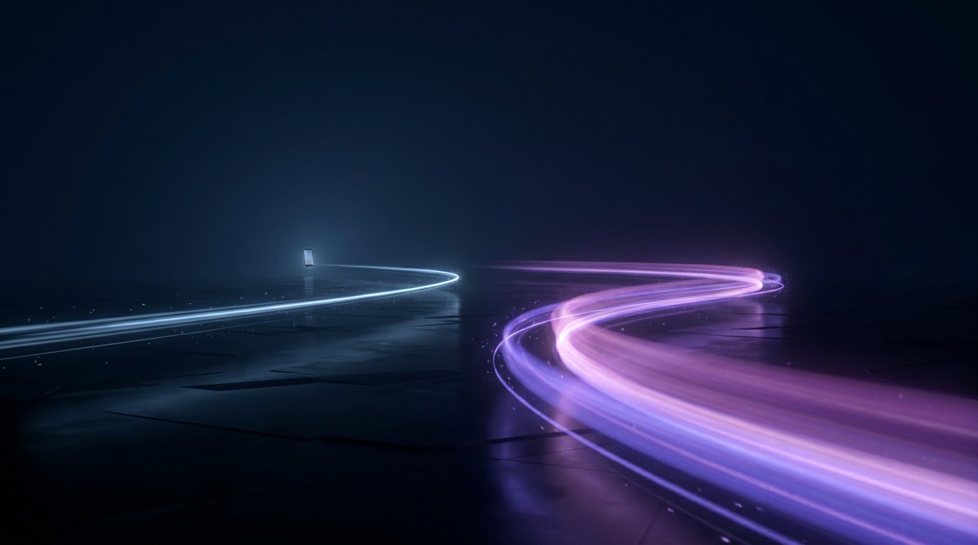 Two glowing light trails on a dark reflective surface, a faint blue one leading to a distant phone and a bright purple one sweeping forward