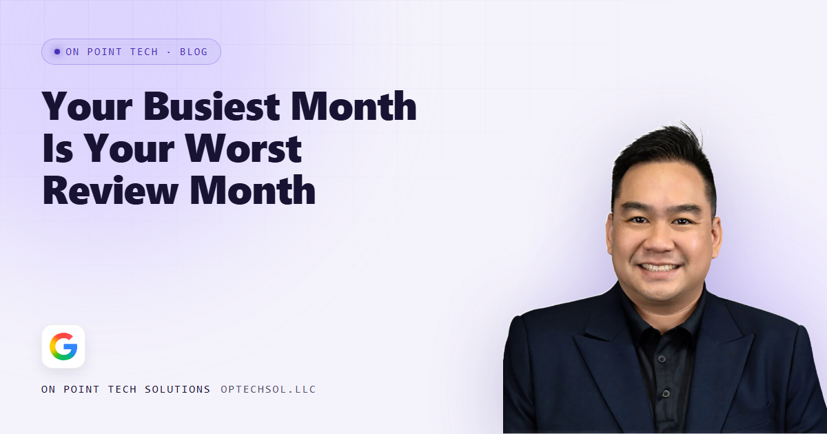 On Point Tech blog cover about busy seasons producing fewer reviews, with Michael in a navy suit smiling on a light purple background