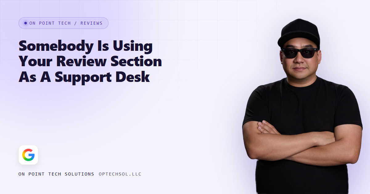 On Point Tech blog cover about somebody using your review section as a support desk, with Michael in sunglasses and a black cap on a light purple background