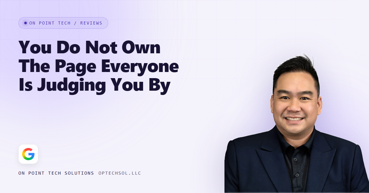 On Point Tech blog cover about not owning the Google page everyone judges your business by, with Michael in a dark suit on a light purple background