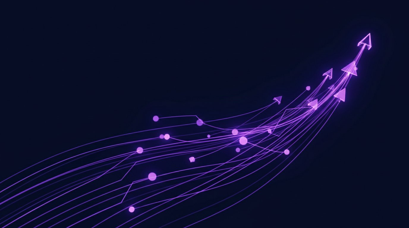 Glowing purple light streams curving upward into arrowheads on a dark navy background