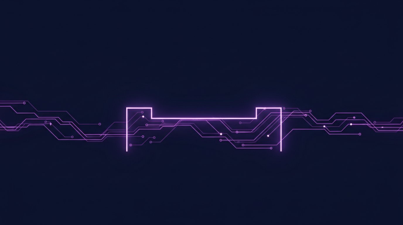 A glowing purple outline of a front desk counter formed from circuit lines on a dark navy background