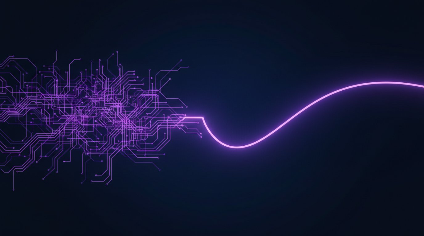 A dense purple circuit maze on the left resolving into a single smooth glowing line on the right